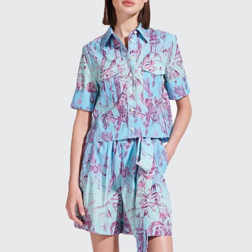 Staud Sage High Rise Shorts in Feather Tree Blue Paperbag Tie Waist Size 4  NWT